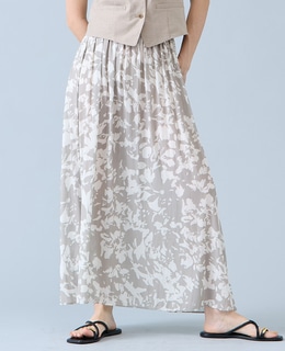 強撚割繊フラワープリントギャザーロングスカート