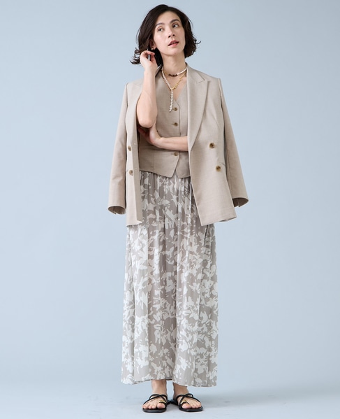強撚割繊フラワープリントギャザーロングスカート 詳細画像 ベージュ 2