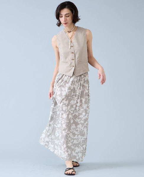 強撚割繊フラワープリントギャザーロングスカート 詳細画像 ベージュ 5