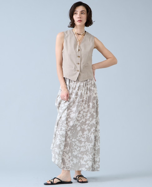 強撚割繊フラワープリントギャザーロングスカート 詳細画像 ベージュ 6