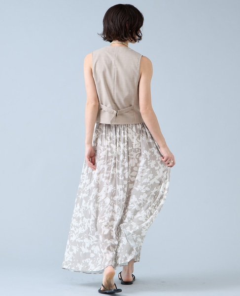強撚割繊フラワープリントギャザーロングスカート 詳細画像 ベージュ 8