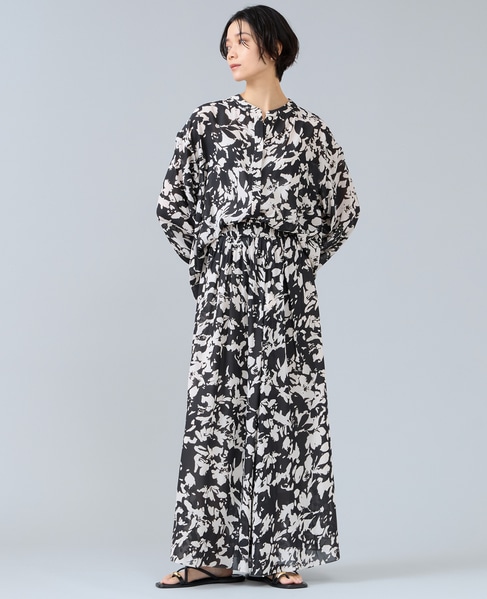 強撚割繊フラワープリントギャザーロングスカート 詳細画像 ブラック 1