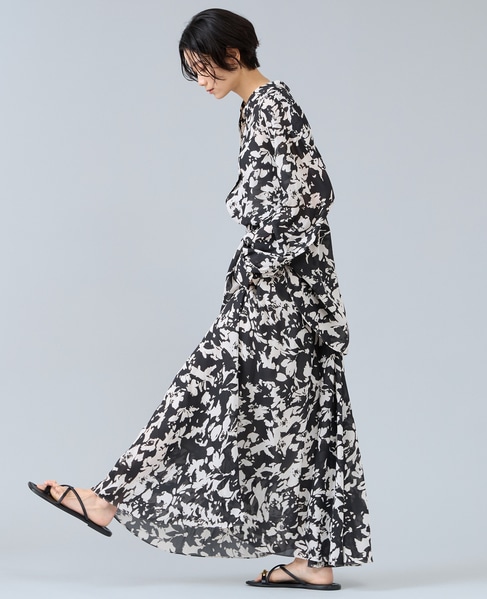 強撚割繊フラワープリントギャザーロングスカート 詳細画像 ブラック 2