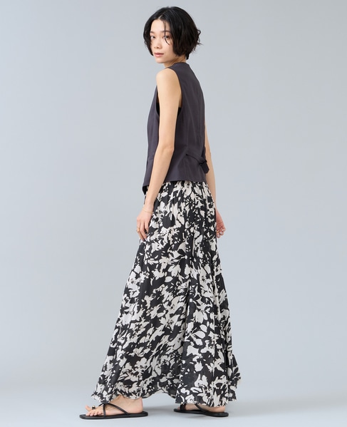 強撚割繊フラワープリントギャザーロングスカート 詳細画像 ブラック 6