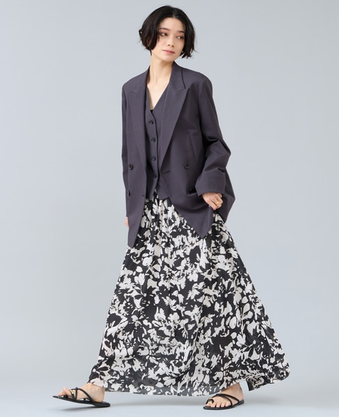 強撚割繊フラワープリントギャザーロングスカート 詳細画像 ブラック 8