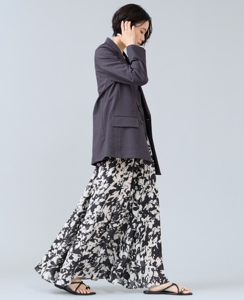 強撚割繊フラワープリントギャザーロングスカート 詳細画像 ブラック 9