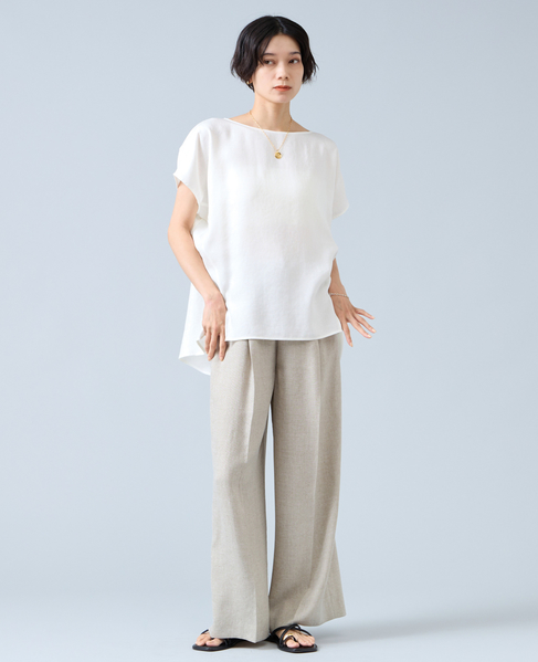 《定番》麻調ボートネックブラウス（セットアップ可） 詳細画像 ホワイト 2