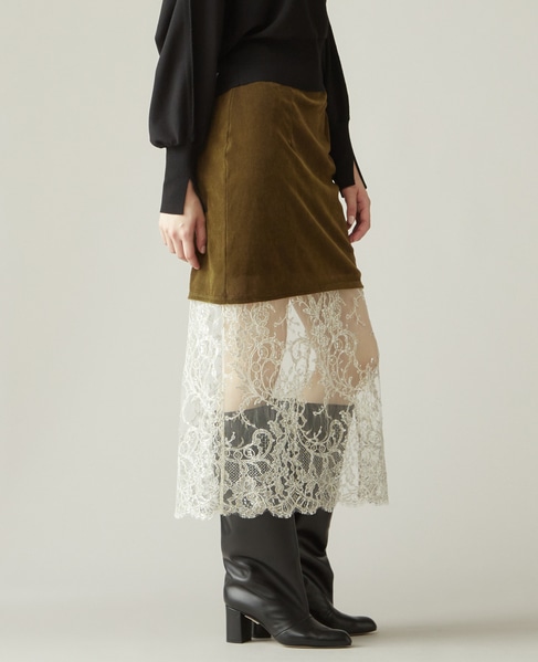 MARGE/1006-0105-255-6399/2099 Velours&lace midi skirt 詳細画像 カーキ 2