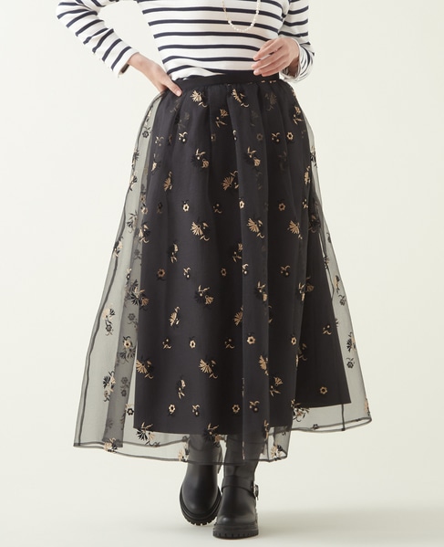 martinique/オーガンジー刺繍ギャザースカート カラーバリエーション画像 ブラック 1
