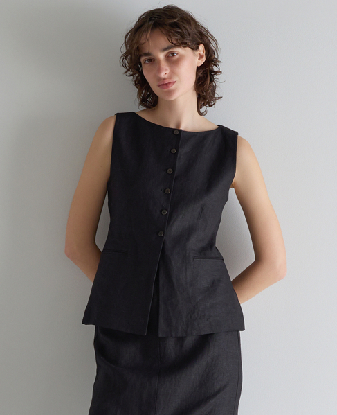 リネンストレッチボートジレ（セットアップ可） 詳細画像 ブラック 1