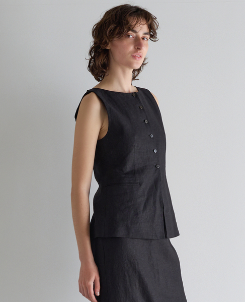 リネンストレッチボートジレ（セットアップ可） 詳細画像 ブラック 2