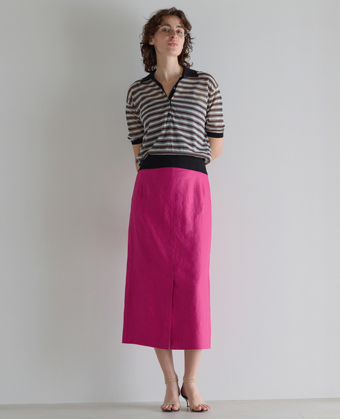 リネンストレッチボートフロントスリットスカート（セットアップ可） 詳細画像 ピンク 4