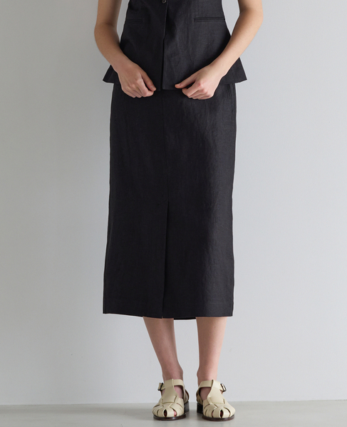 リネンストレッチボートフロントスリットスカート（セットアップ可） 詳細画像 ブラック 1