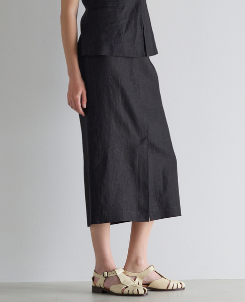 リネンストレッチボートフロントスリットスカート（セットアップ可） 詳細画像 ブラック 2