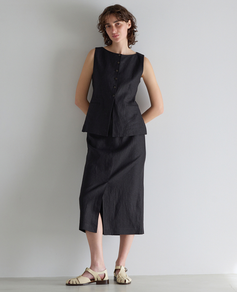 リネンストレッチボートフロントスリットスカート（セットアップ可） 詳細画像 ブラック 4
