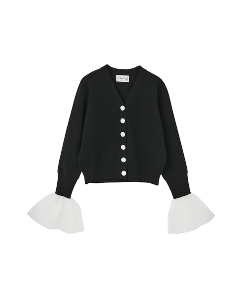 【l’heritage martinique/レリタージュ マルティニーク】ミラノリブVネックフレアスリーブカーディガン 詳細画像 ブラック／ホワイト 1