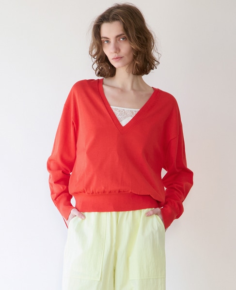 ブライトコットンシルクVネックニット 詳細画像 レッド 1