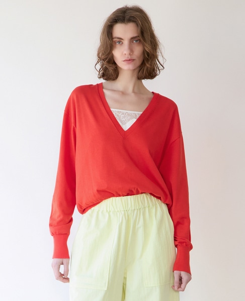 ブライトコットンシルクVネックニット 詳細画像 レッド 2