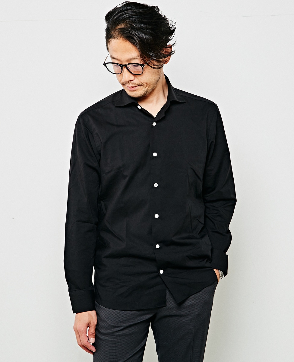 ブラック】HITOYOSHI Wネームペトールシャンブレーワイドカラーシャツ