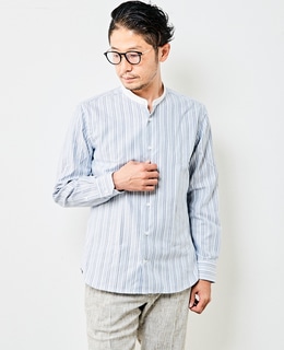 HITOYOSHI Wネームブルーパターンバンドカラーシャツ