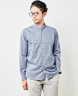 HITOYOSHI Wネームブルーパターンバンドカラーシャツ