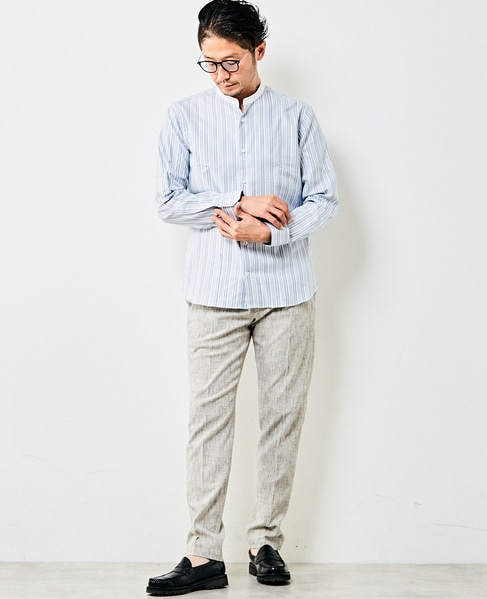 HITOYOSHI Wネームブルーパターンバンドカラーシャツ 詳細画像 ホワイト 11