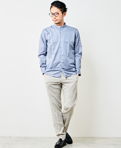 HITOYOSHI Wネームブルーパターンバンドカラーシャツ 詳細画像 ホワイト 13