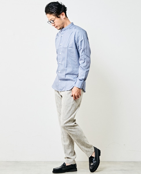 HITOYOSHI Wネームブルーパターンバンドカラーシャツ 詳細画像 ホワイト 14