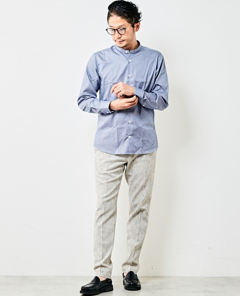HITOYOSHI Wネームブルーパターンバンドカラーシャツ 詳細画像 ホワイト 15