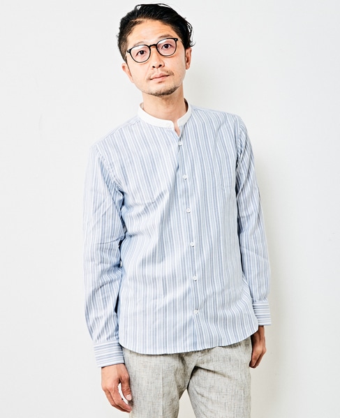 HITOYOSHI Wネームブルーパターンバンドカラーシャツ 詳細画像 ホワイト 8