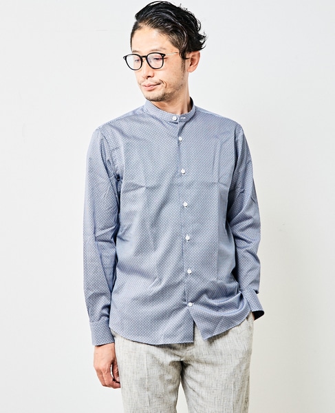 HITOYOSHI Wネームブルーパターンバンドカラーシャツ 詳細画像 ネイビー 1