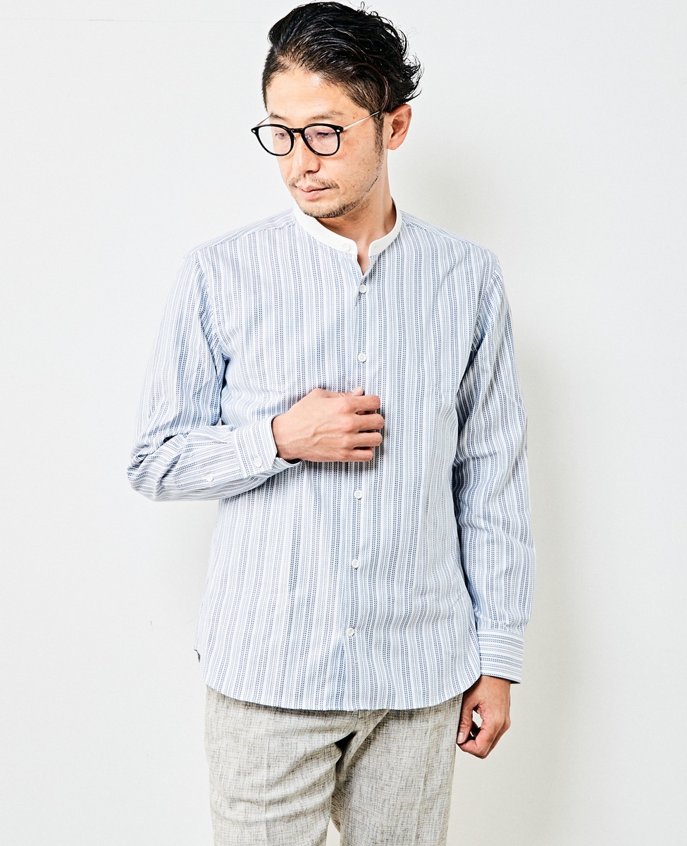 ホワイト】HITOYOSHI Wネームブルーパターンバンドカラーシャツ-