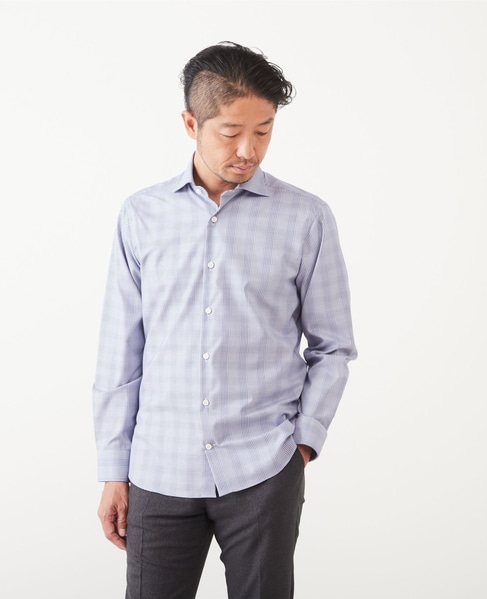 HITOYOSHI Wネーム ブルーパターンワイドカラーシャツ 詳細画像 グレンチェック 1