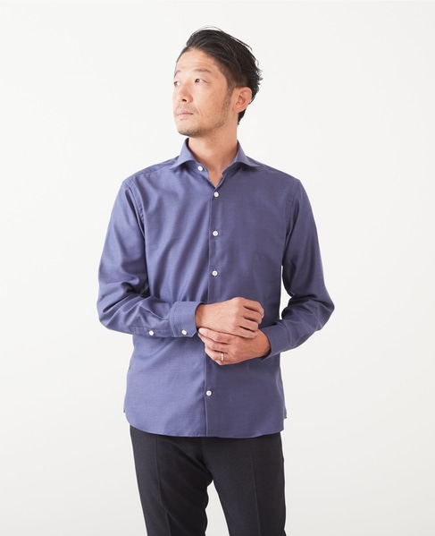 HITOYOSHI Wネーム ブルーパターンワイドカラーシャツ 詳細画像 ネイビー 1