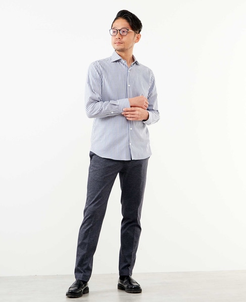 HITOYOSHI Wネーム モダンパターンワイドカラーシャツ 詳細画像 ネイビーストライプ 15