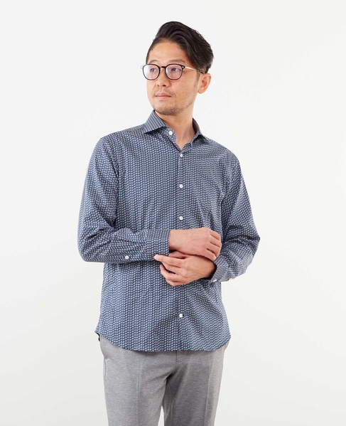 HITOYOSHI Wネーム モダンパターンワイドカラーシャツ 詳細画像 ネイビーストライプ 17