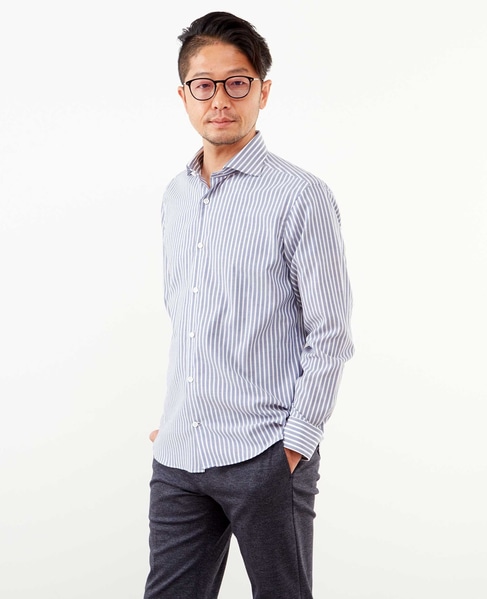 HITOYOSHI Wネーム モダンパターンワイドカラーシャツ 詳細画像 ネイビーストライプ 2