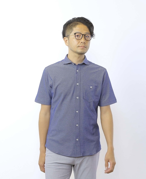 クールマックスハニカムボーダーホリゾンタルカラー半袖カットシャツ 詳細画像 ブルー 2