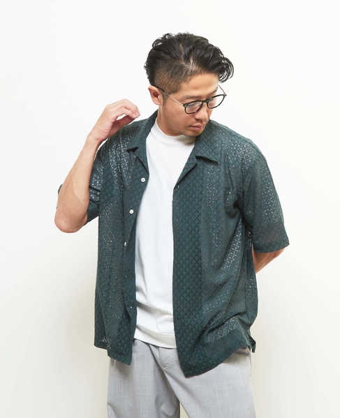 テクスチャーメッシュオープンカラーシャツ 詳細画像 グリーン 13