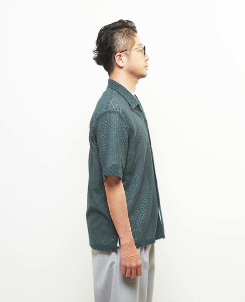 テクスチャーメッシュオープンカラーシャツ 詳細画像 グリーン 5