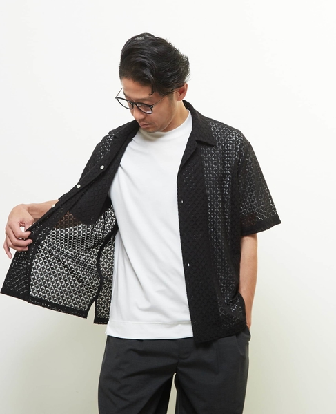 テクスチャーメッシュオープンカラーシャツ 詳細画像 ブラック 2