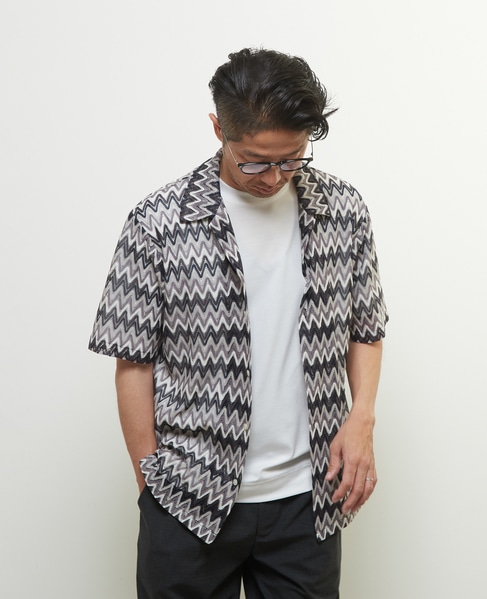 テクスチャージグザグメッシュオープンカラーシャツ 詳細画像 ネイビー 2