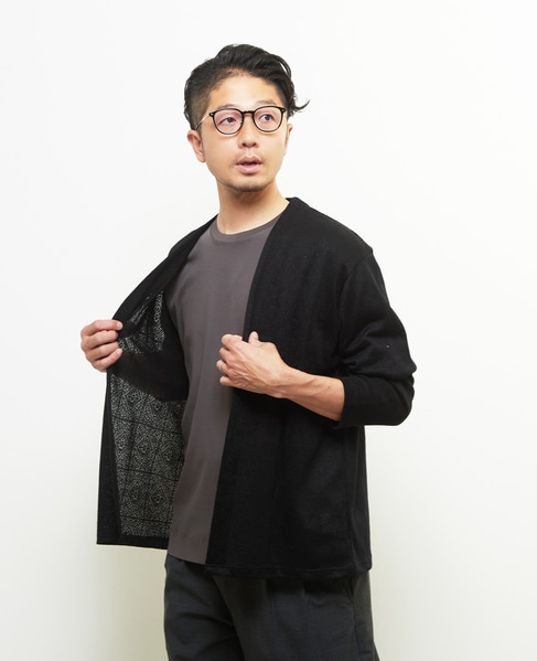 ジャガードメッシュボタンレスカーディガン 詳細画像 ブラック 3