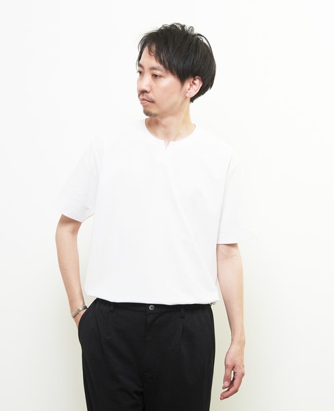 ダイヤモンドメッシュ半袖キーネックTシャツ 詳細画像 ホワイト 1