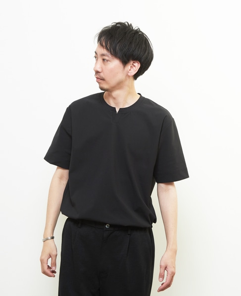 ダイヤモンドメッシュ半袖キーネックTシャツ 詳細画像 ブラック 1