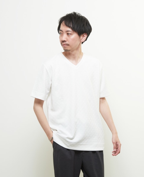 ジオメトリックブリスターVネックハーフスリーブTシャツ 詳細画像 ホワイト 8