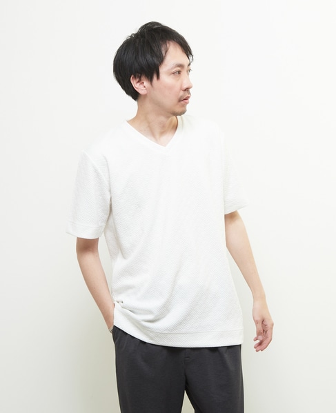 ジオメトリックブリスターVネックハーフスリーブTシャツ 詳細画像 ホワイト 9