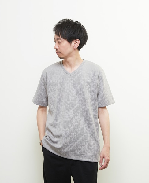ジオメトリックブリスターVネックハーフスリーブTシャツ 詳細画像 グレー 1