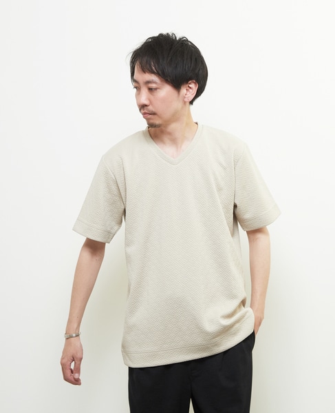 ジオメトリックブリスターVネックハーフスリーブTシャツ 詳細画像 ベージュ 1