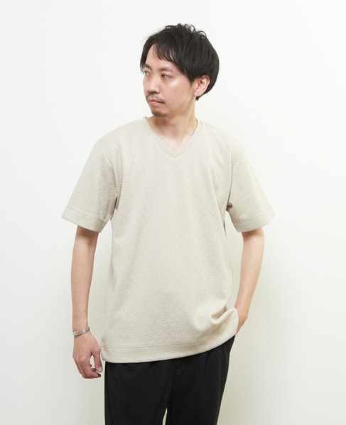 ジオメトリックブリスターVネックハーフスリーブTシャツ 詳細画像 ベージュ 3
